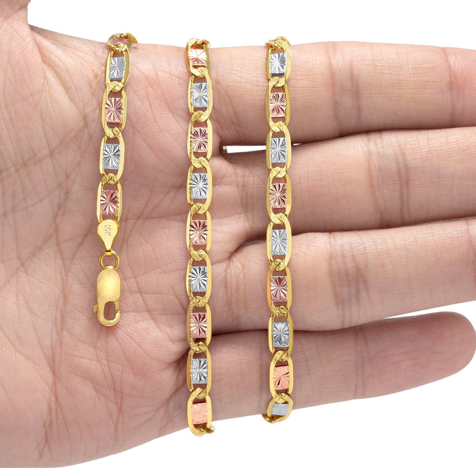 10K Solid Tri Yellow Rose White Gold 6mm Valentino Chain Womens Necklace 18″