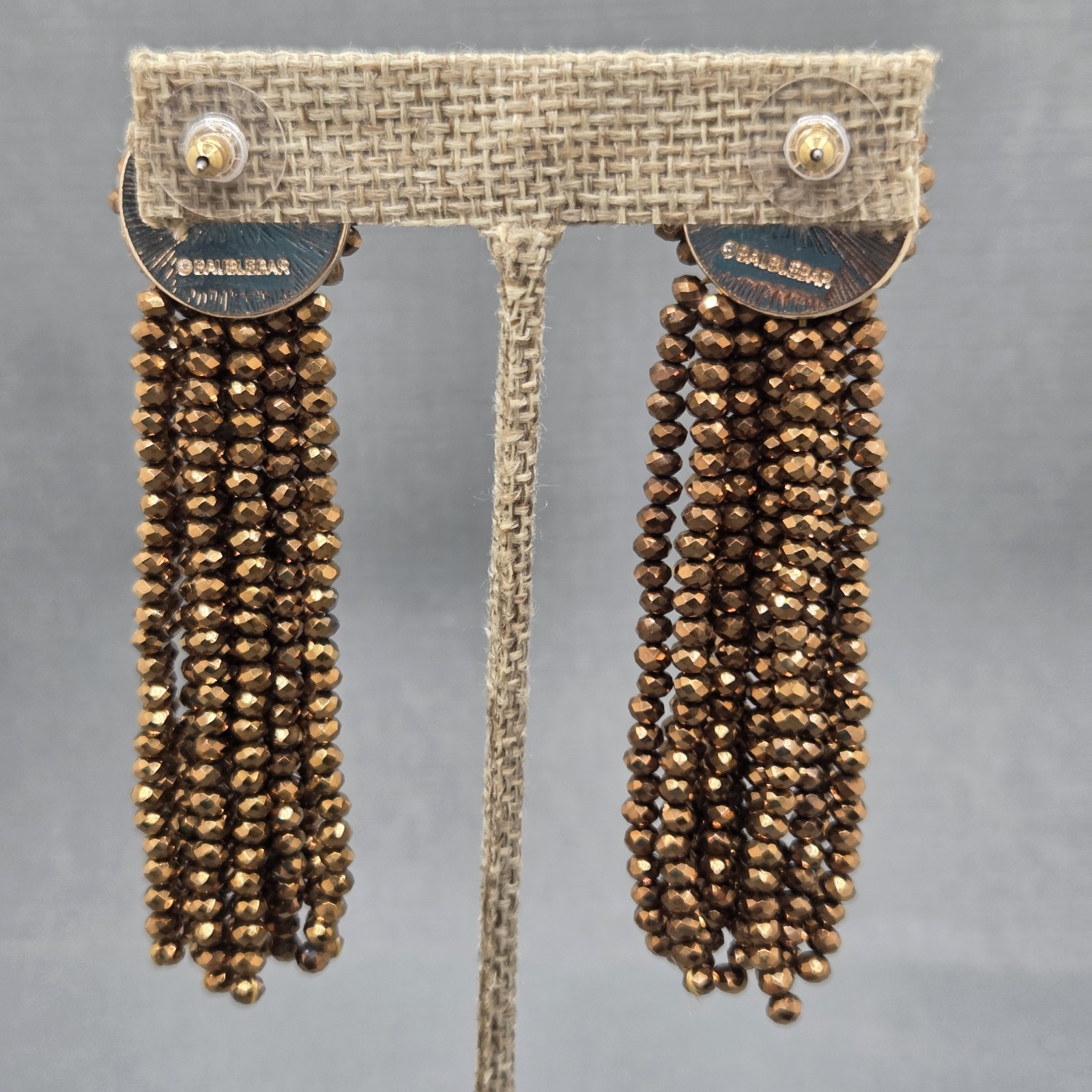 Signed BaubleBar bronz Metallic Beaded Tassel Post Earrings 3.5 Inches Long