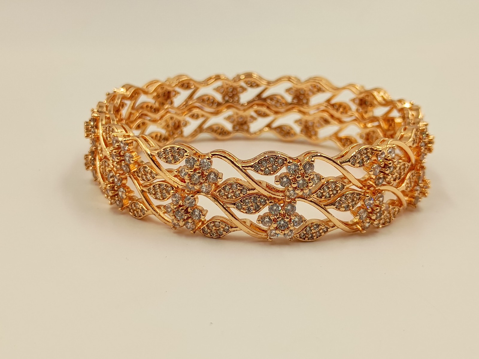 Cubic Zirconia 22k Rose Gold Plated Bangle, CZ American Diamond Bracelet 2 Pcs K