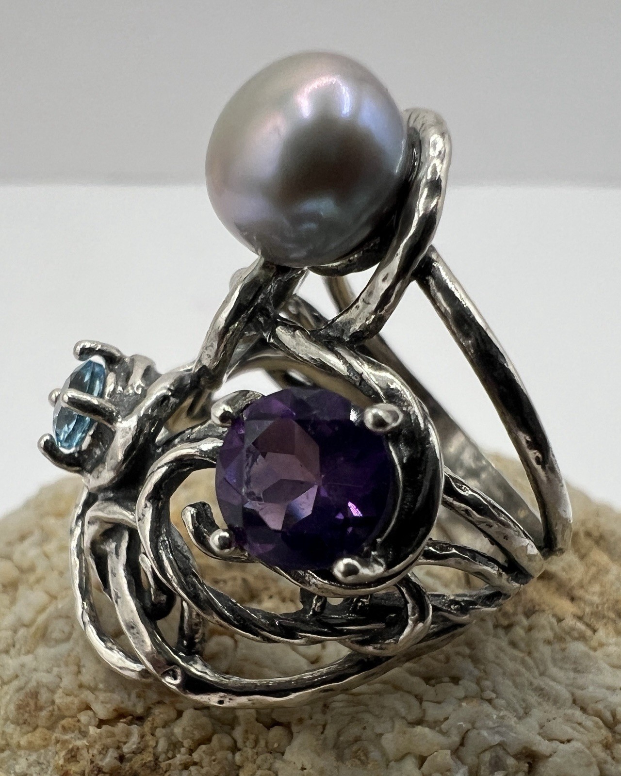 PZ Paz Creations Sterling Silver Pearl Amethyst Topaz Brutalist Split Shank Ring