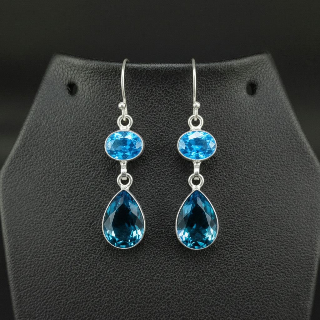 London Blue Topaz and BT stone 925 sterling silver Dangle Drop Earrings 1.90″