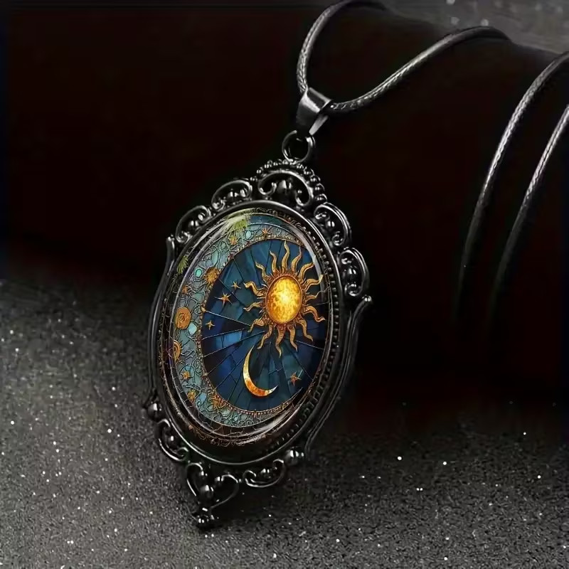 1pc Elegant Oval Glass Pendant Necklace with Sun And Moon Pattern