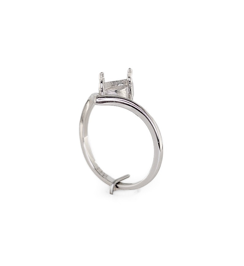 8 x 6 mm Oval Asymmetric V Solitaire Ring Setting Sterling Silver Rhodium Finish