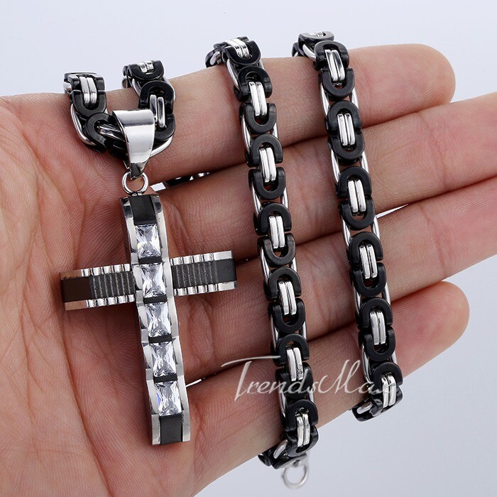18-30“ Stainless Steel CZ Rhinestone Cross Pendant Necklace Flat Byzantine Chain