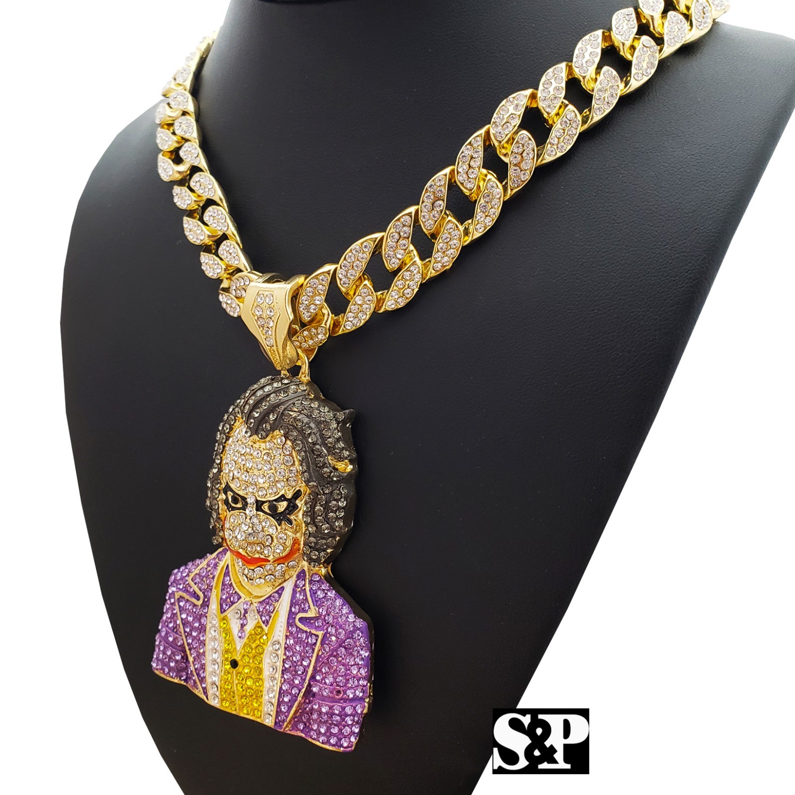 Hip Hop Large JOKER Pendant & 18″ Full Iced Miami Cuban Choker Chain Necklace