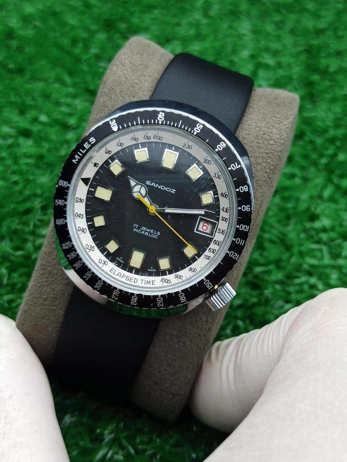 HYPER-RARE SANDOZ JUMBO DIVER BLACK WATCH MECHANICAL SWISS 1970s