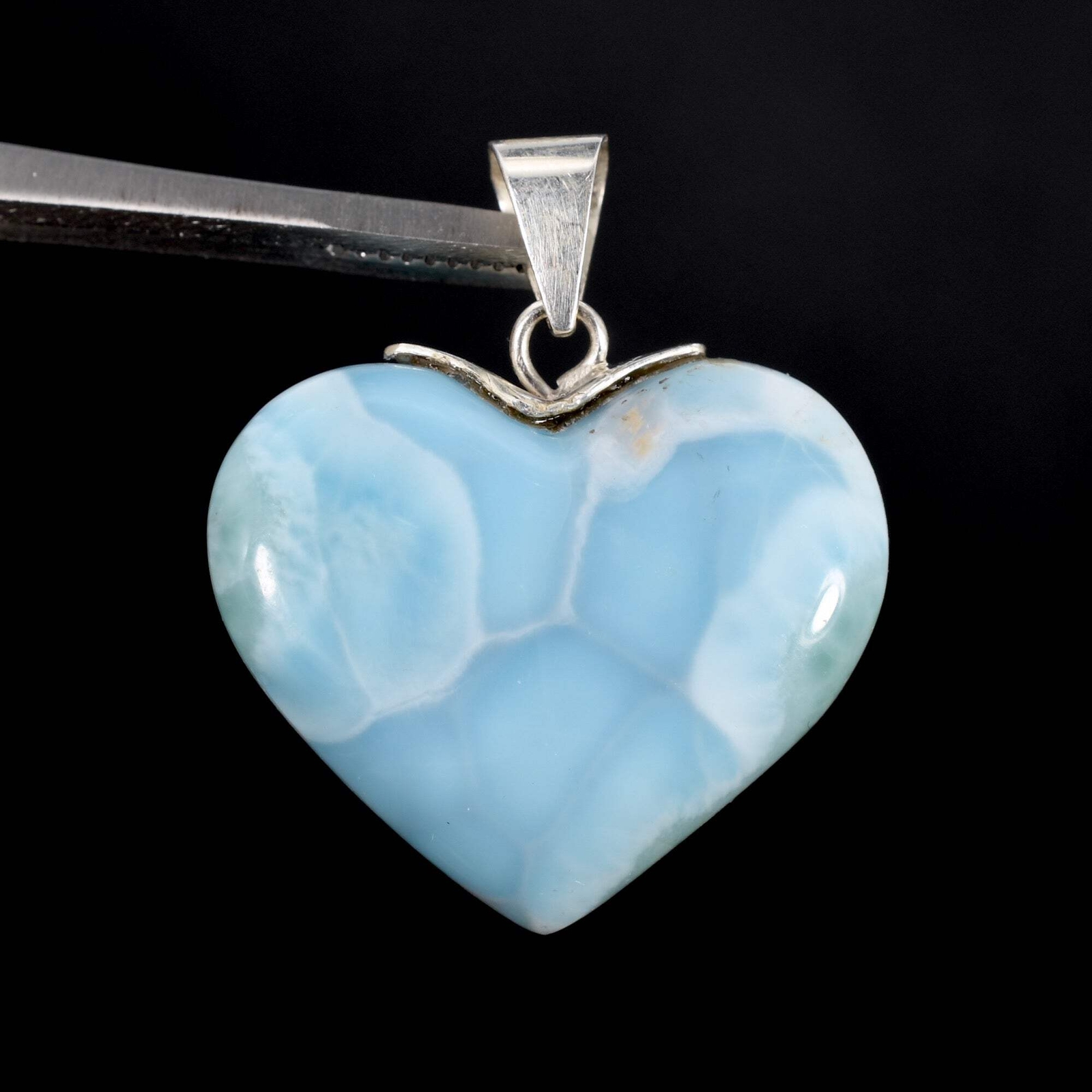 52ct 1.4in Genuine Larimar Heart Pendant for Necklace, Sterling Silver, Dominica