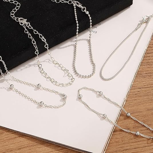 5 PACK (35 PCS) Silver Chain Bangles Bracelets Set for Women, Silver Multiple La