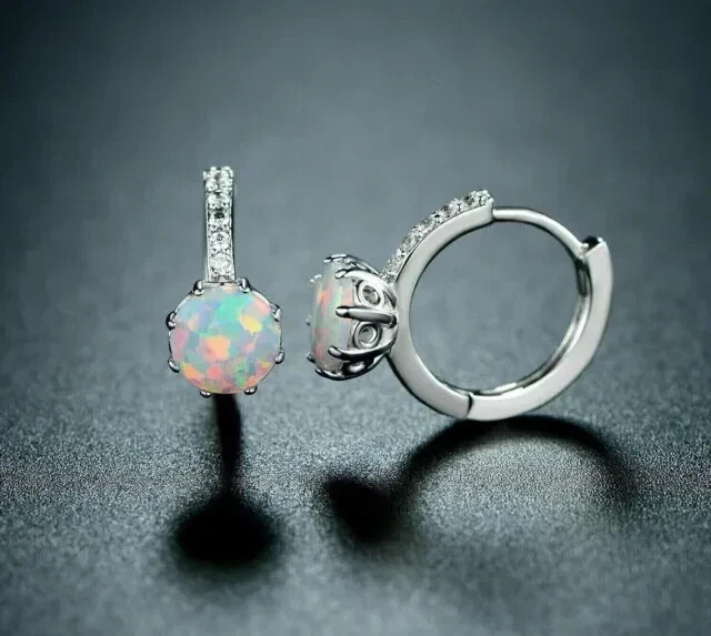 Lab Created Fire Opal 2.50Ct Round Cut Huggie Hoop Earrings White Gold Plated