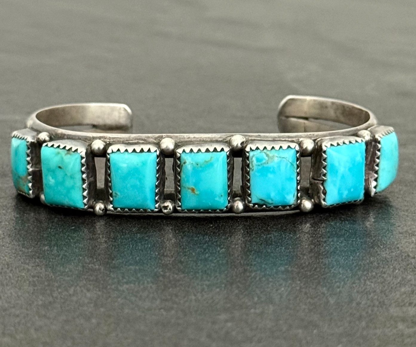Vintage Navajo SQUARE Turquoise ROW Sterling Silver Bracelet 6.75 in
