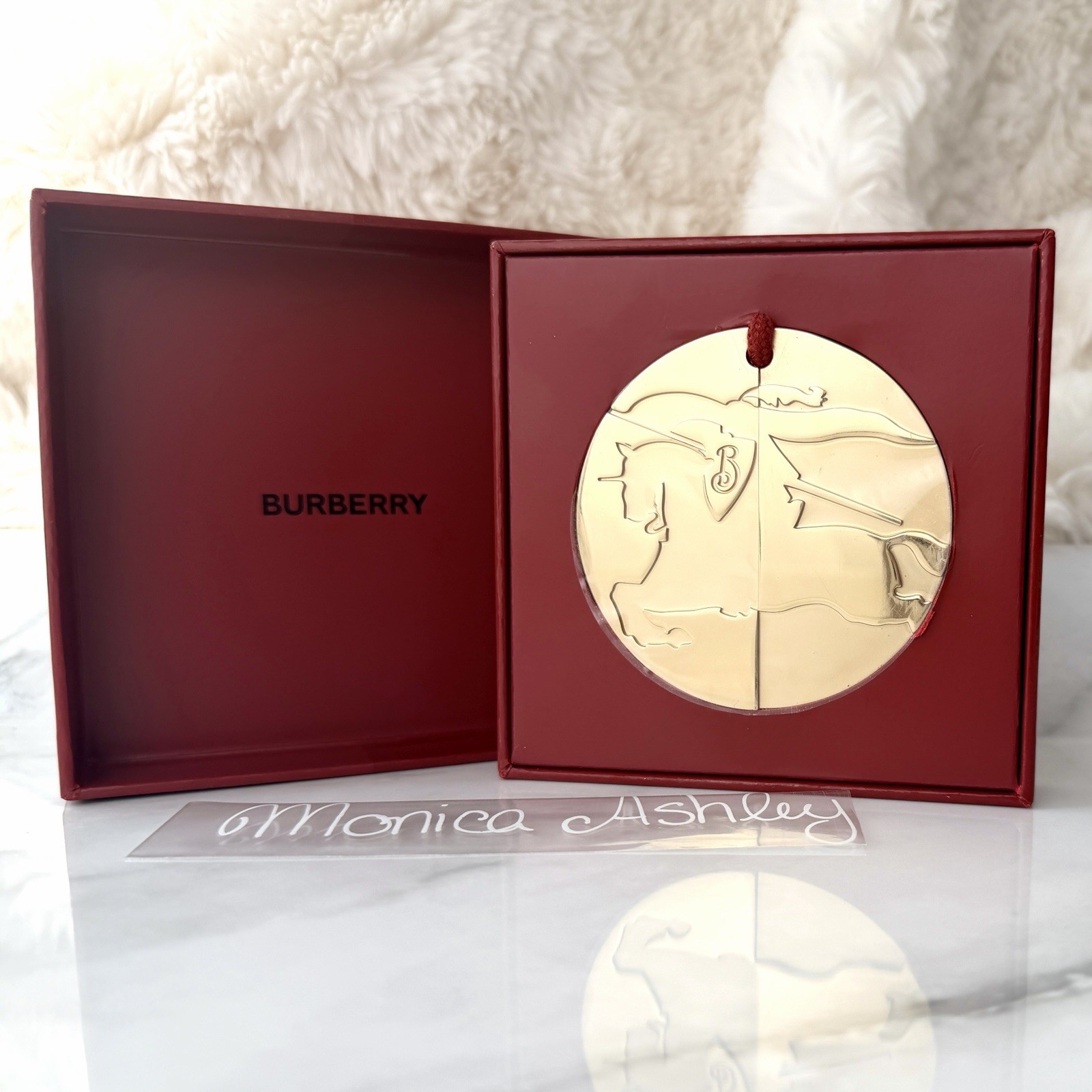 Burberry Metal Gold-Tone Round Brand Engraved Medallion Pendant Ornament, NIB