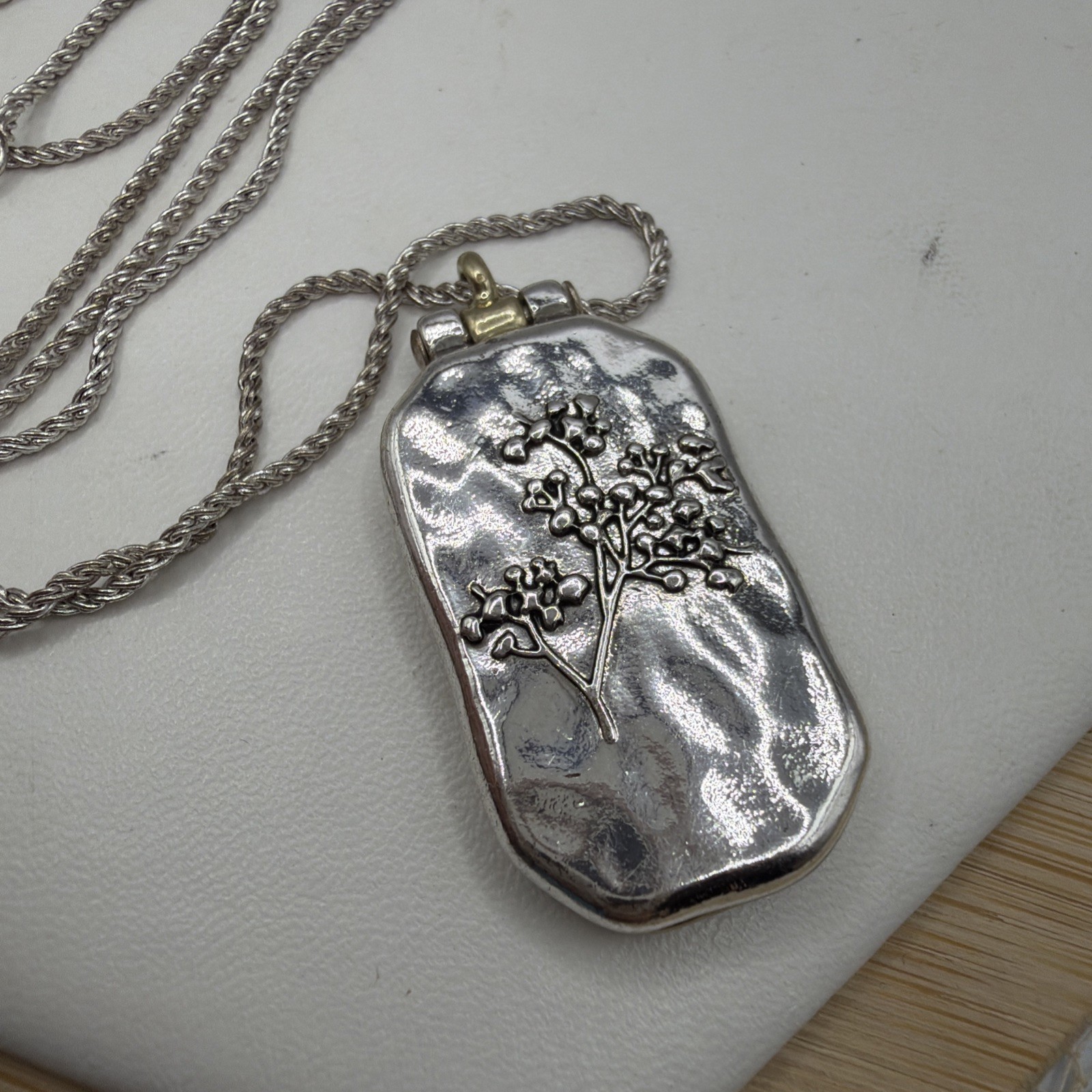 Vintage Costume Cutout Cattail Plant Pendant Locket Necklace 34″