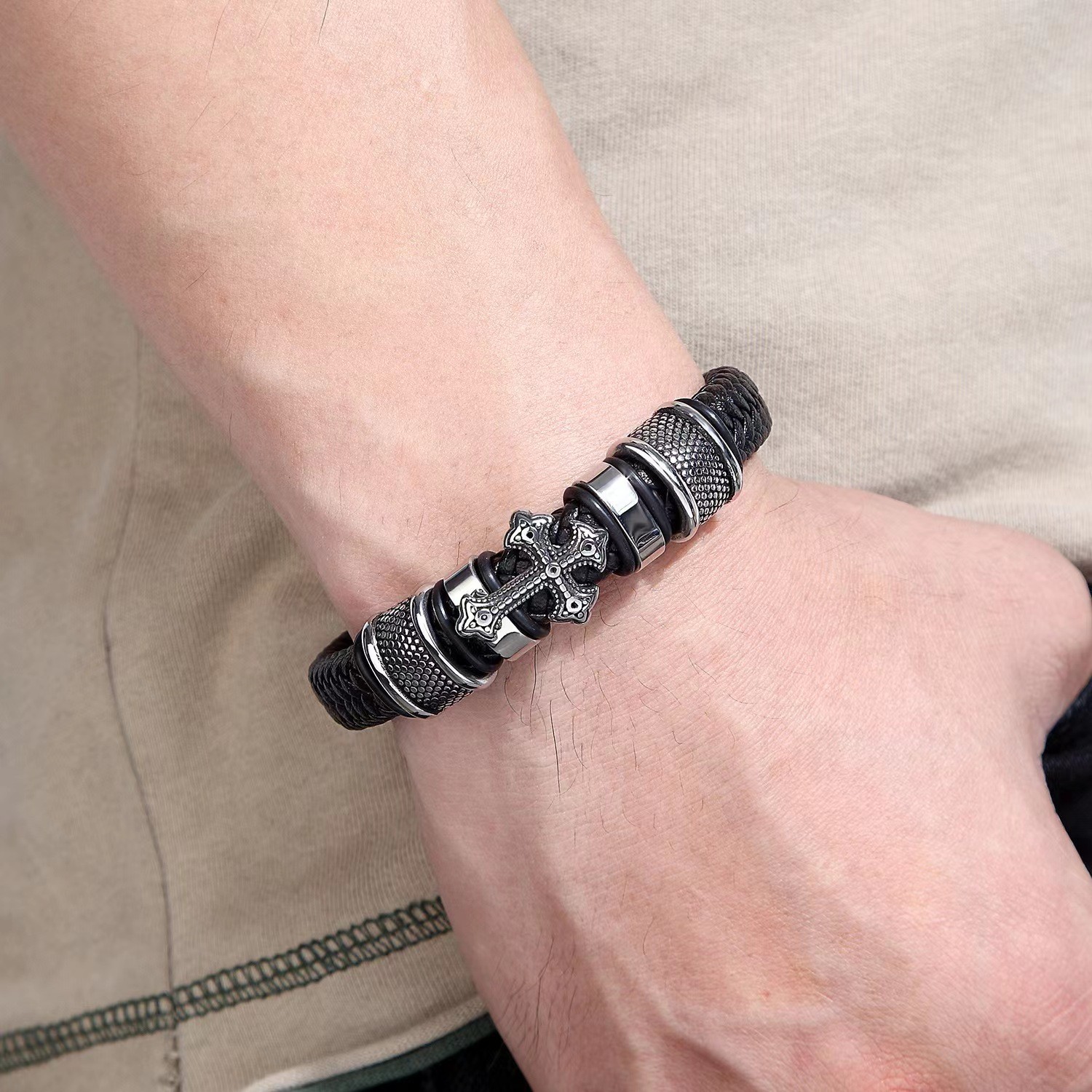 1PC High Quality Braided Cross Men’s Leather Bracelet Jewellery Gifts