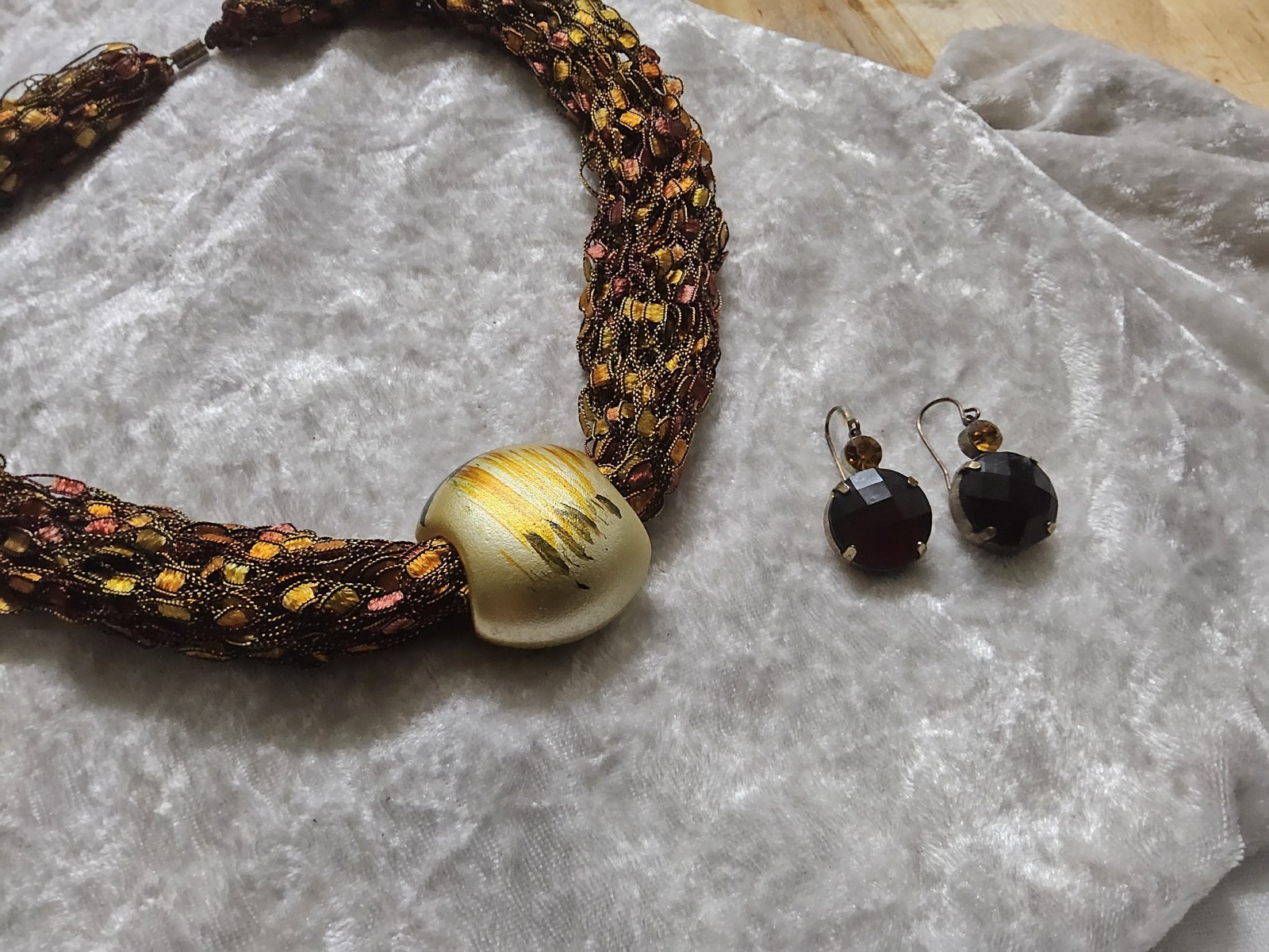 Copper Gold Crochet Necklace Pendant & Earrings