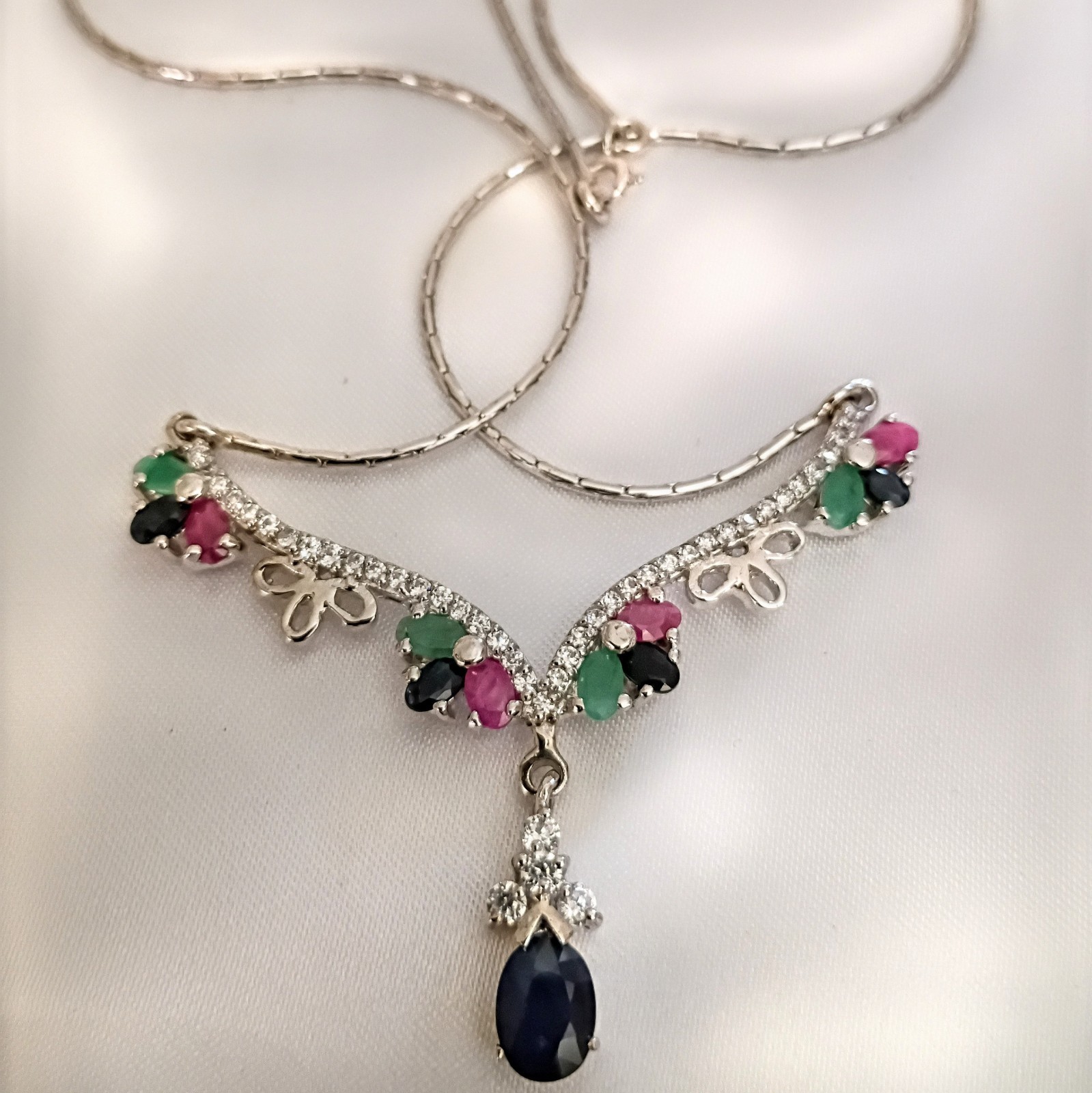 Vintage Liquid Silver Natural Sapphire Emerald Ruby CZ Victorian Necklace 18″