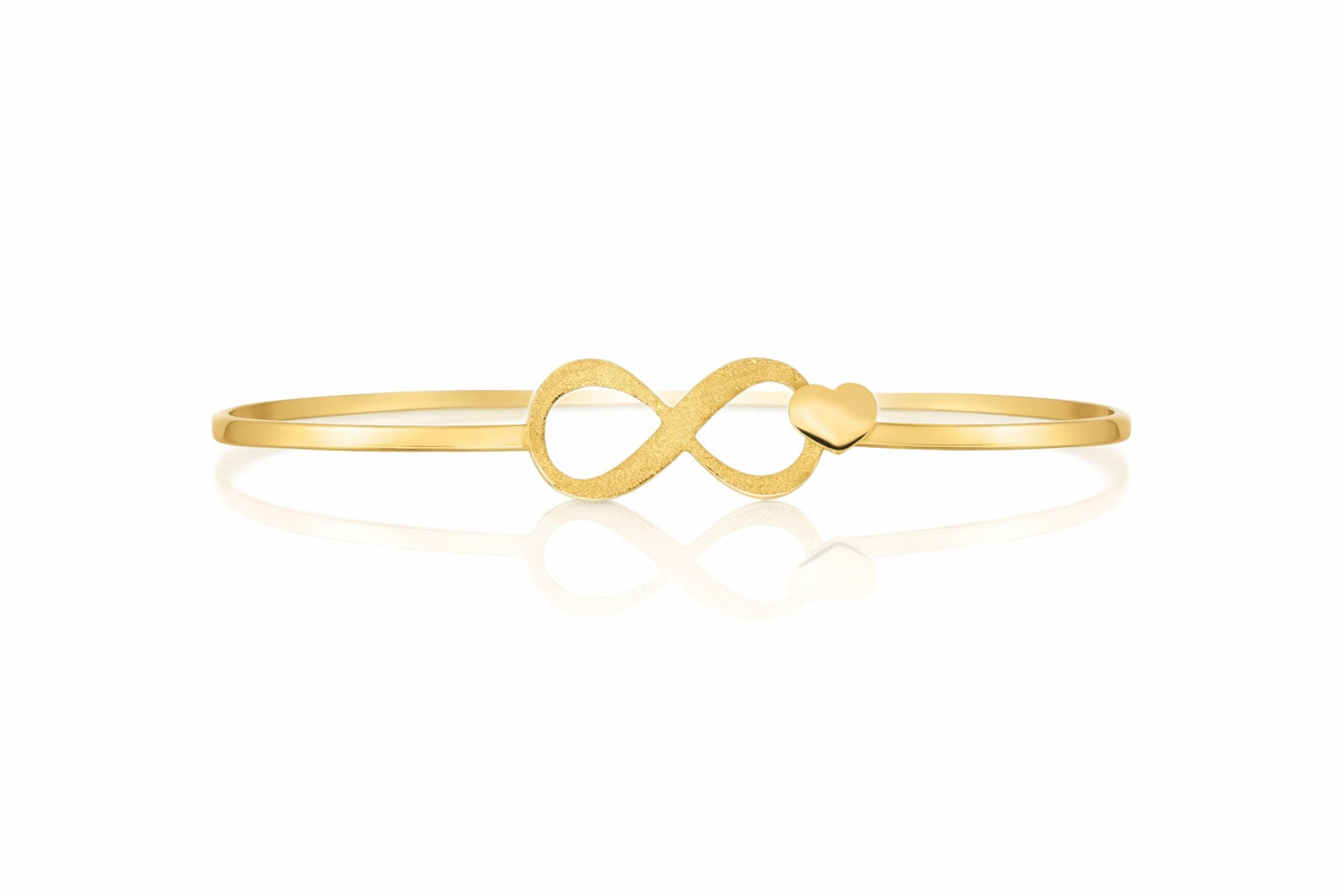 14K Solid Yellow Gold Heart Infinity Bangle Bracelet 7 inch Polished, Matte
