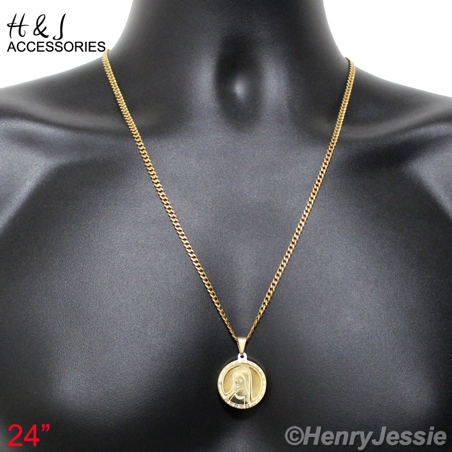 16-32″Stainless Steel 3mm Gold Plated Cuban Curb Chain VIRGIN MARY Pendant*P54