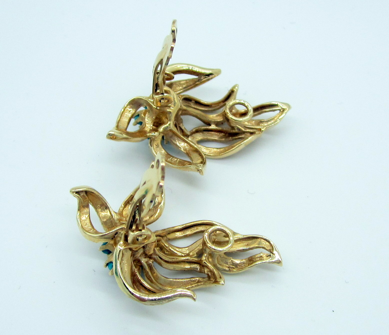 Estate Vintage 14k Yellow Gold Turquoise Leaf Flower 11.9 Gram Clip On Earrings