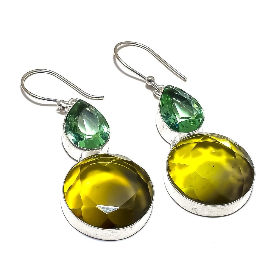 Smoky Quartz, Blue Chalcedony & Lemon Quartz Earrings 925 Sterling Silver