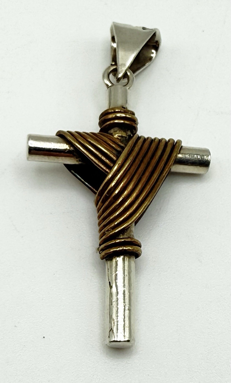 Vintage Mexico Sterling Silver Brass Wrapped Cross Pendant 8.8grams
