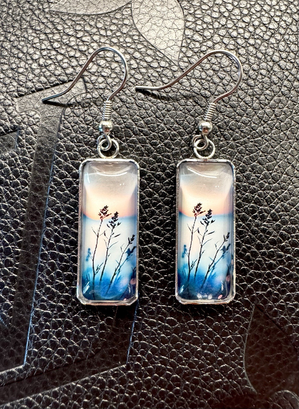 New Beach Seaside Blue Hour Sunset Rectangular Cabochon Dangle Earrings – 1.75”