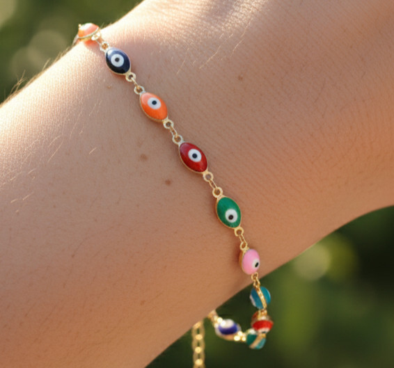 Boho Evil Eye Chain Bracelet Gold Plated Colorful Enamel Designer Jewelry