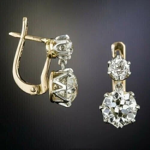 Art Deco Vintage Style 4.2Ct Round Diamond Drop/Dangle 14K Gold Plated Earrings