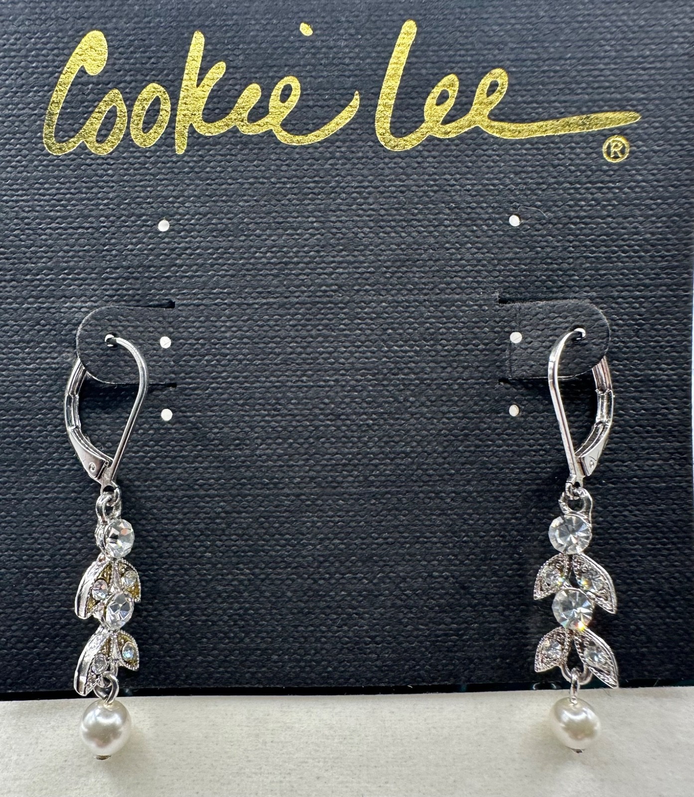 Cookie Lee Crystal Pearl Dangle Earrings Silver Tone Leaf Vine Leverback NWT