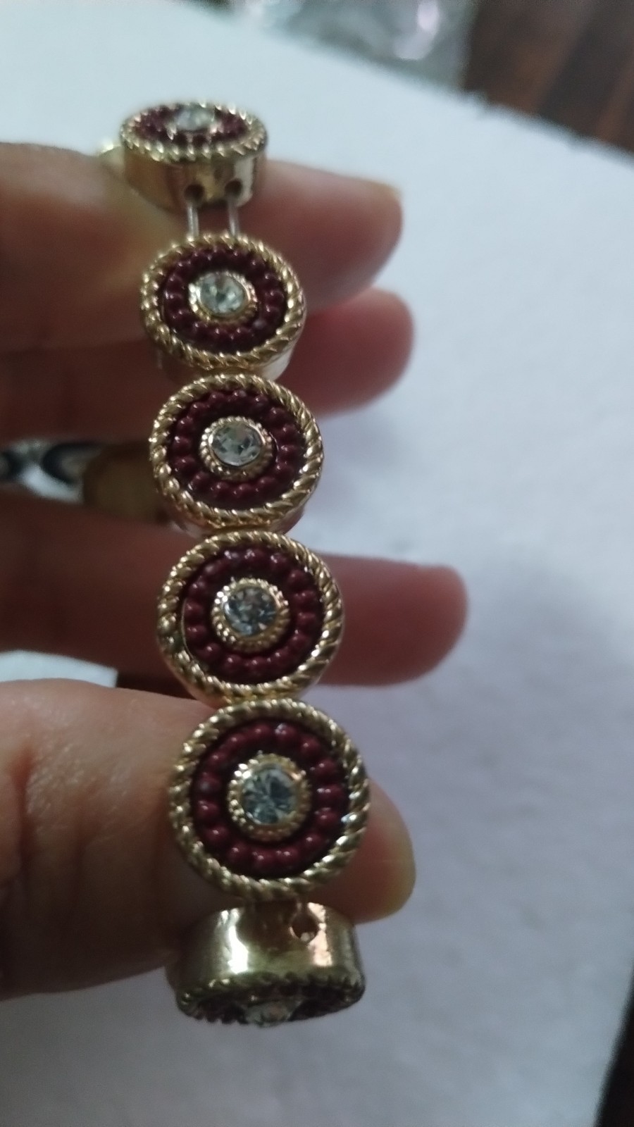 Gold Tone Stretch Tennis Link Bracelet Round Red & Clear Crystal Bezel 2