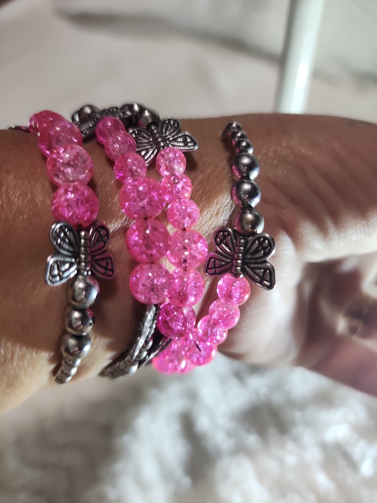 Hot Pink Crackle Glass Memory Wire Bracelet – Multi-Row Butterfly Stack