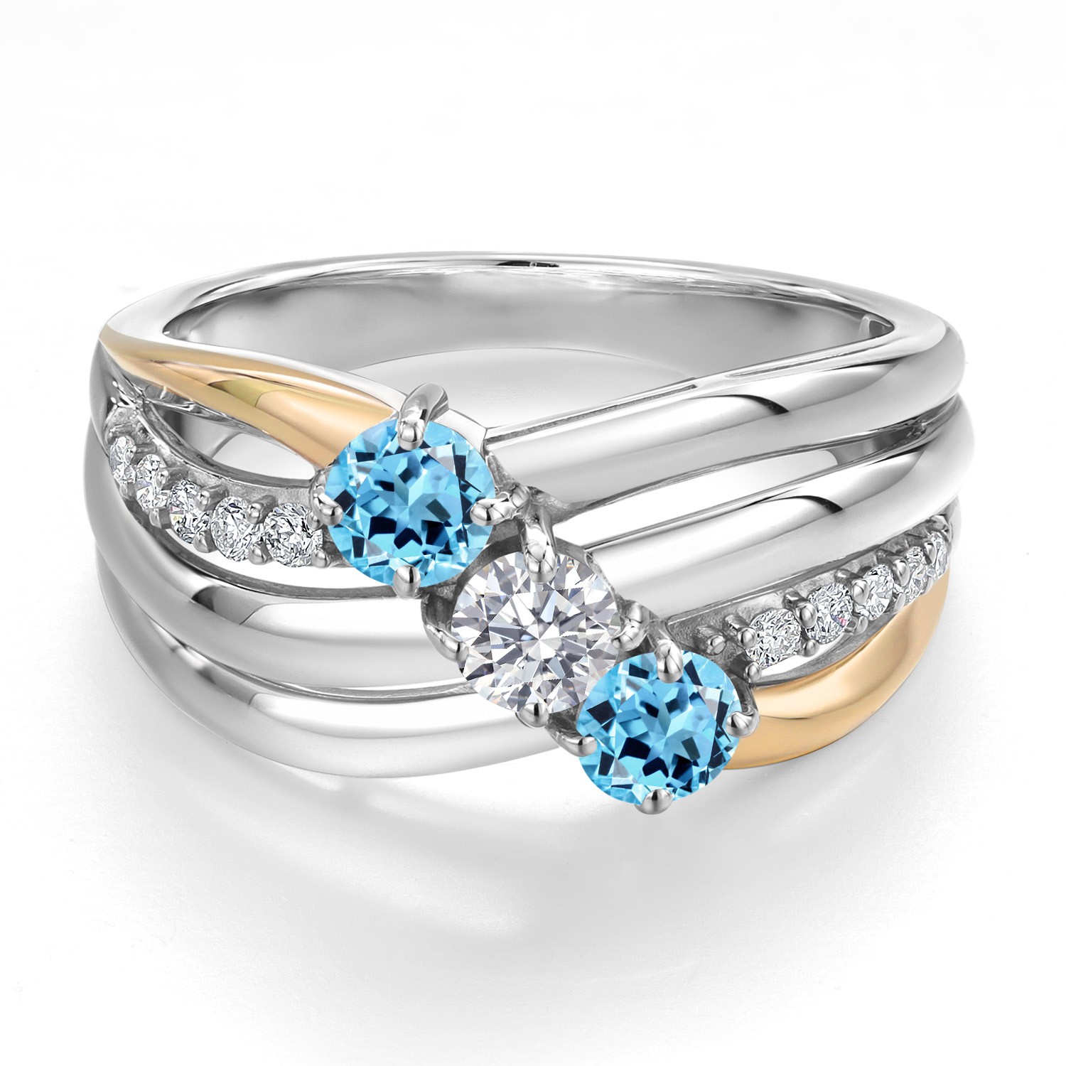 925 Silver and 10K Yellow Gold Swiss Blue Topaz and Lab Grown Diamond