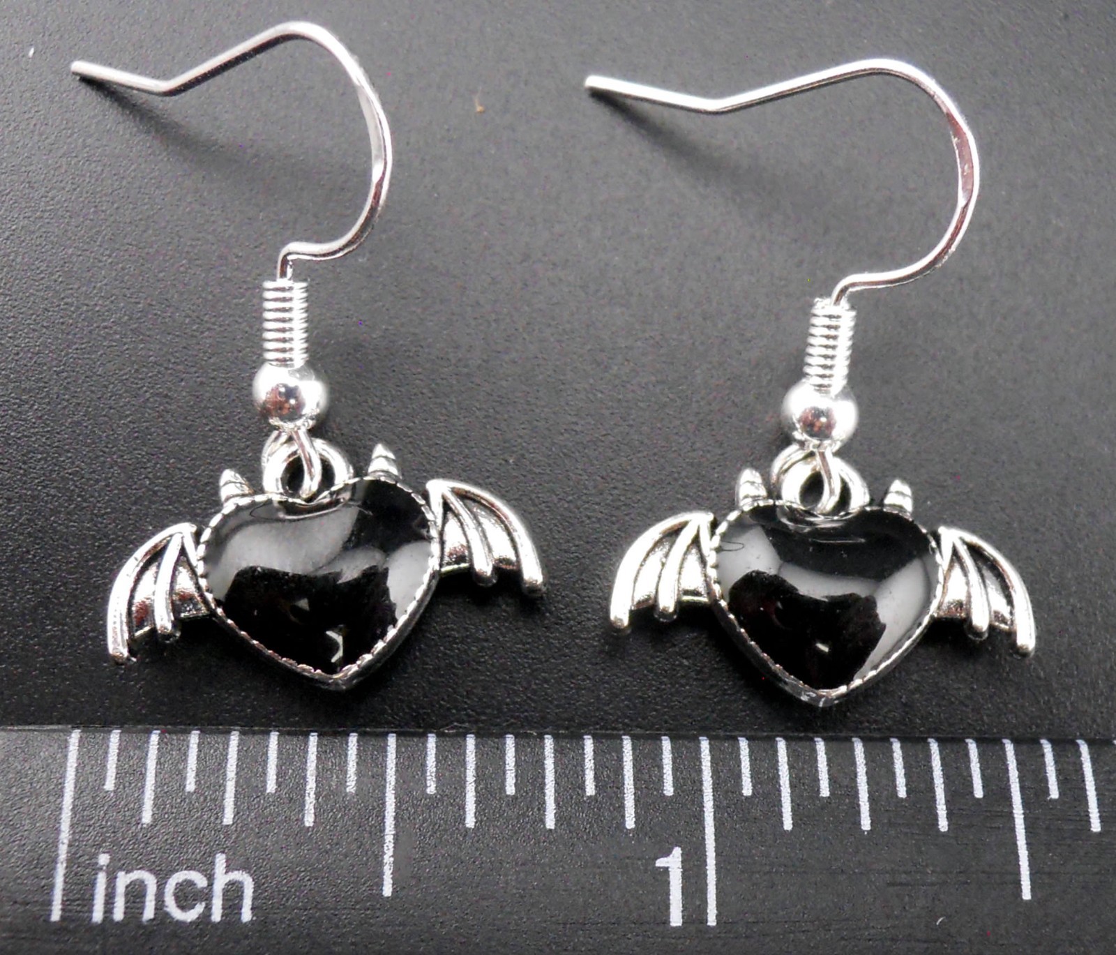 Gothic Bat Earrings Sterling Silver Ear Wires Devil Horns Black Heart Goth New