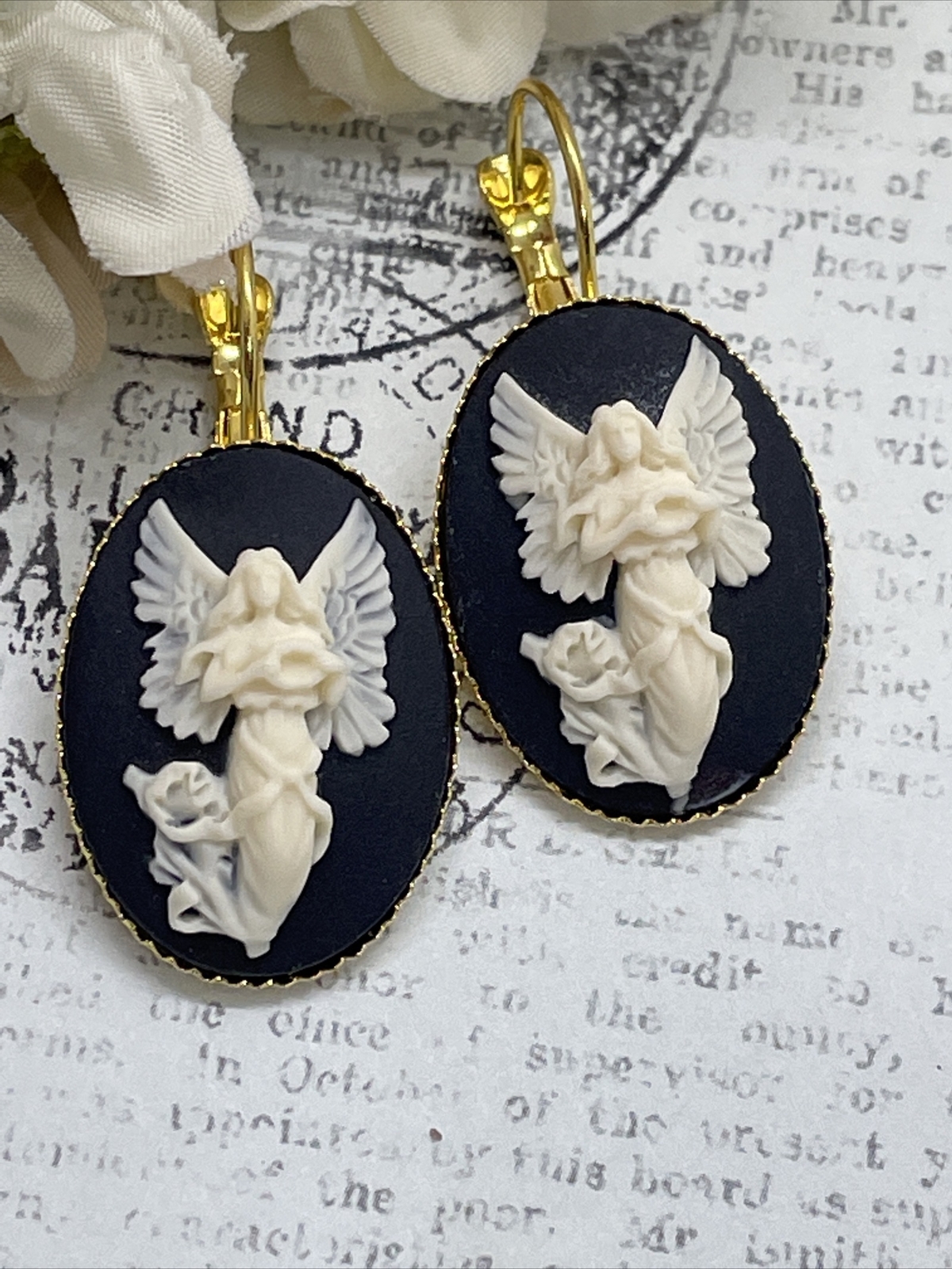 Gold Cream & Black Victorian Angel Wedding Anniversary Earrings Cameo Birthday