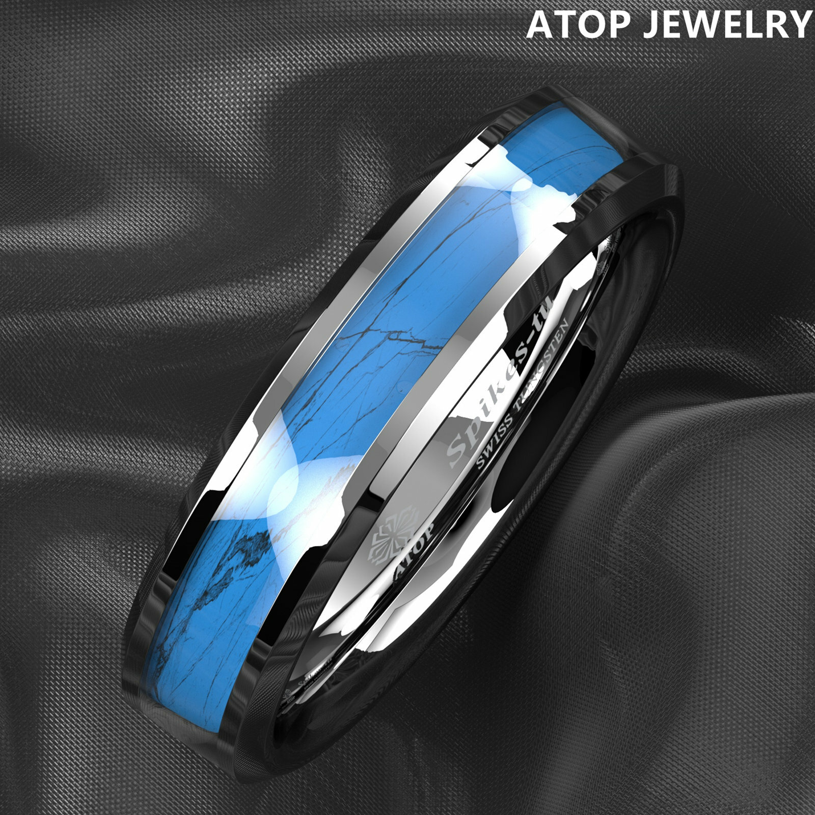 8mm Silver Edge Tungsten Carbide Ring Manmade Turquoise Engagement Wedding Band