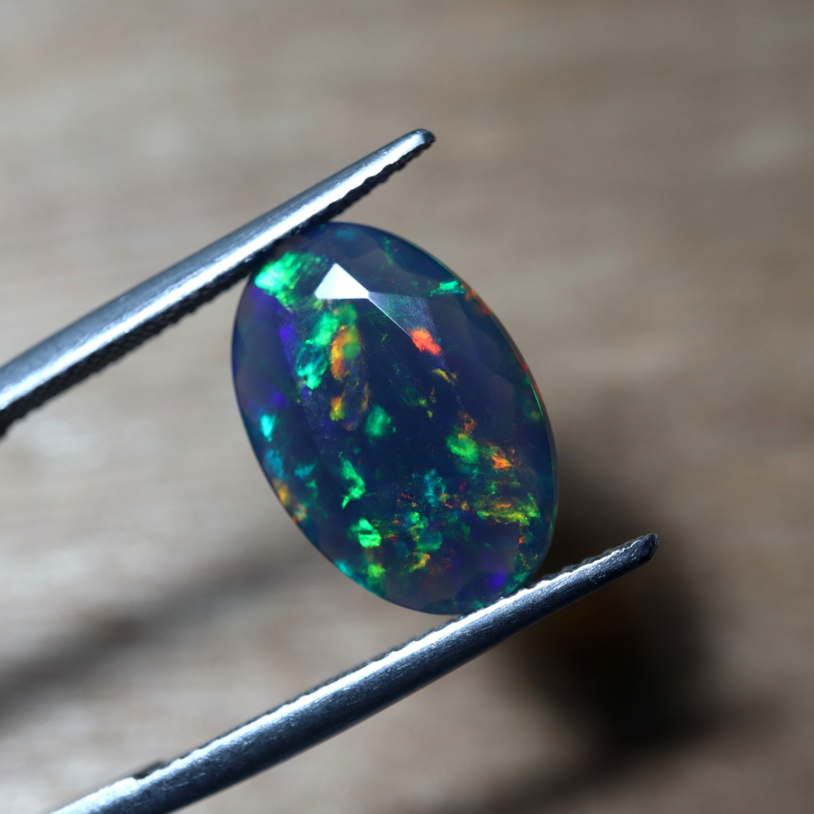 3.5Ct Real Ethiopian Smoked Black Opal AAAA Faceted Oval Rainbow Fire 16×10.8MM