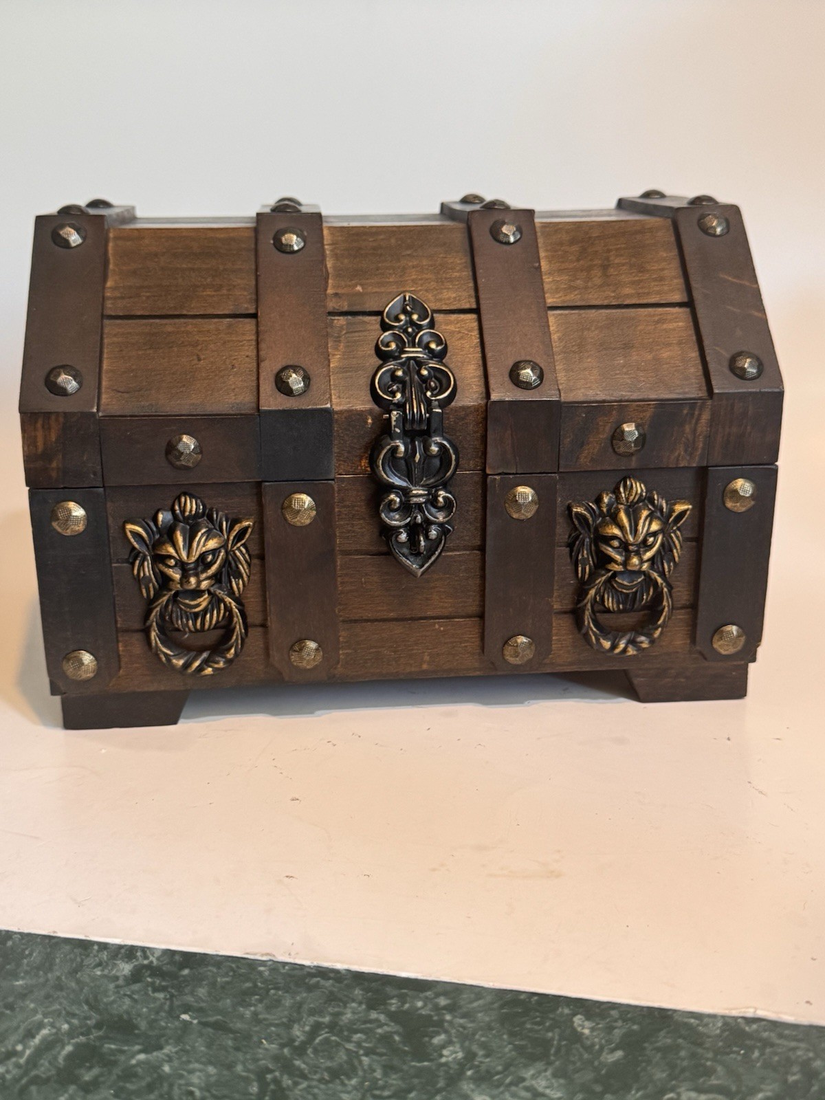Vintage Wood Treasure Chest Jewelry Box Yellow Velvet Lined Pirate Nautical