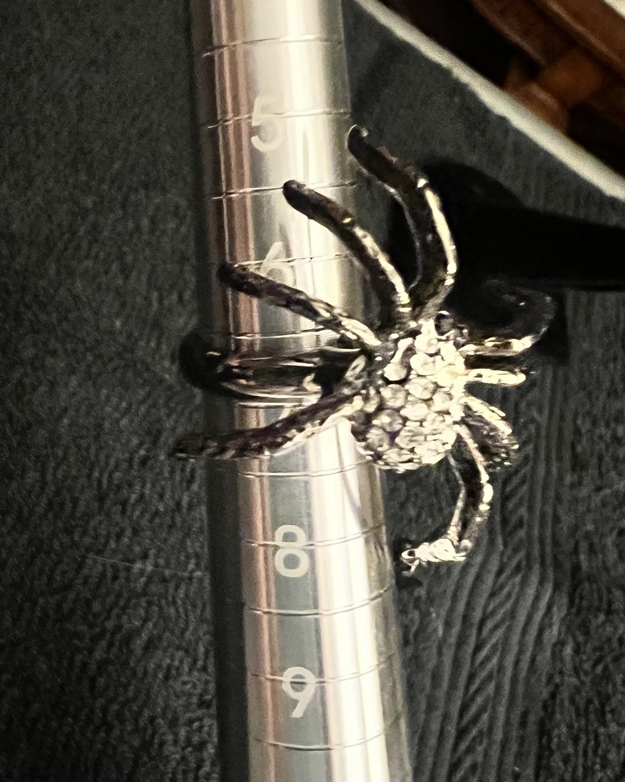Vintage Betsey Johnson Spider Ring Clear & Black Crystals Dangly Black Bead