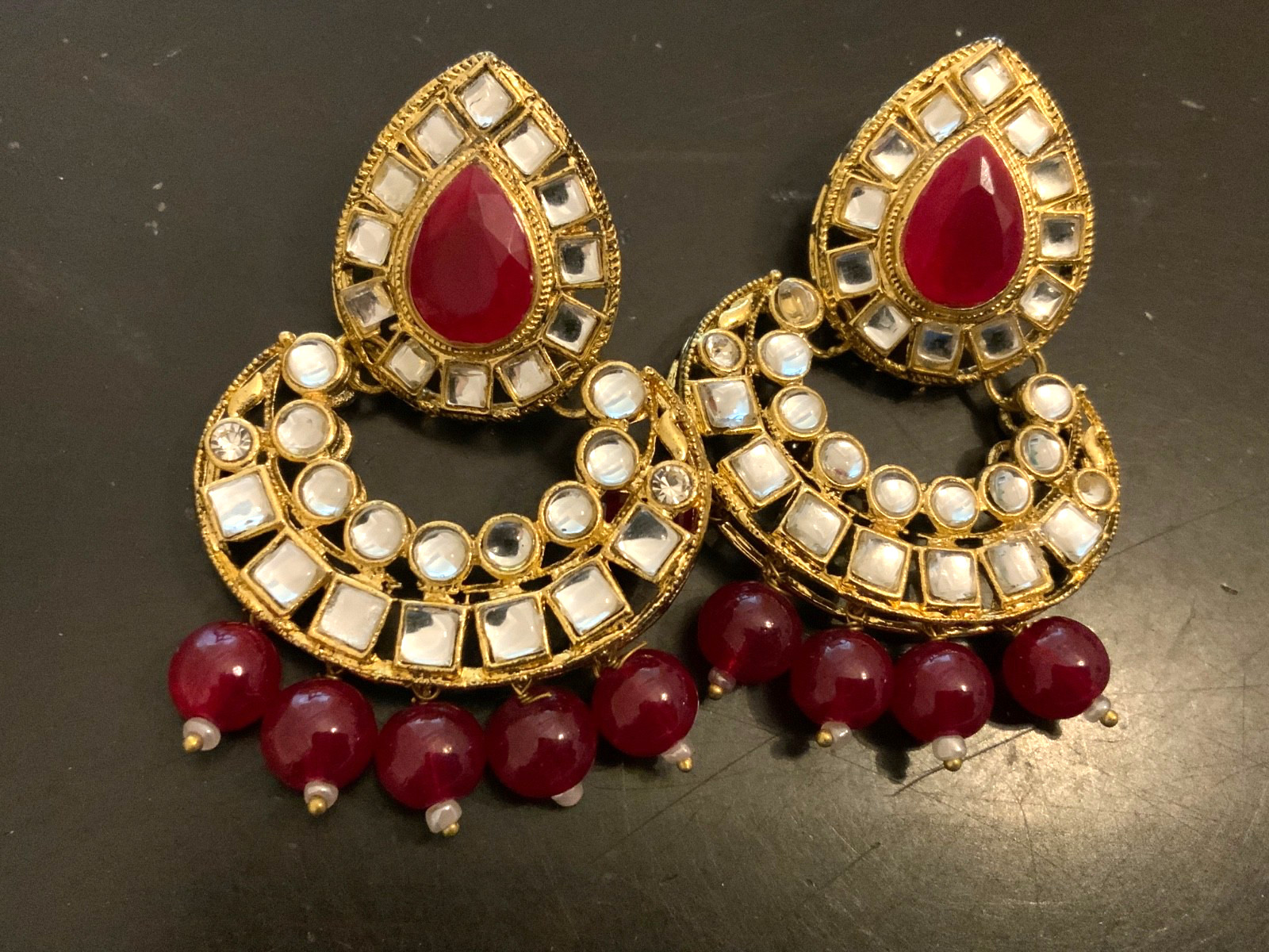 goldtone statement Red beaded Mogul chunky earrings 2.5in shimmer 29grams