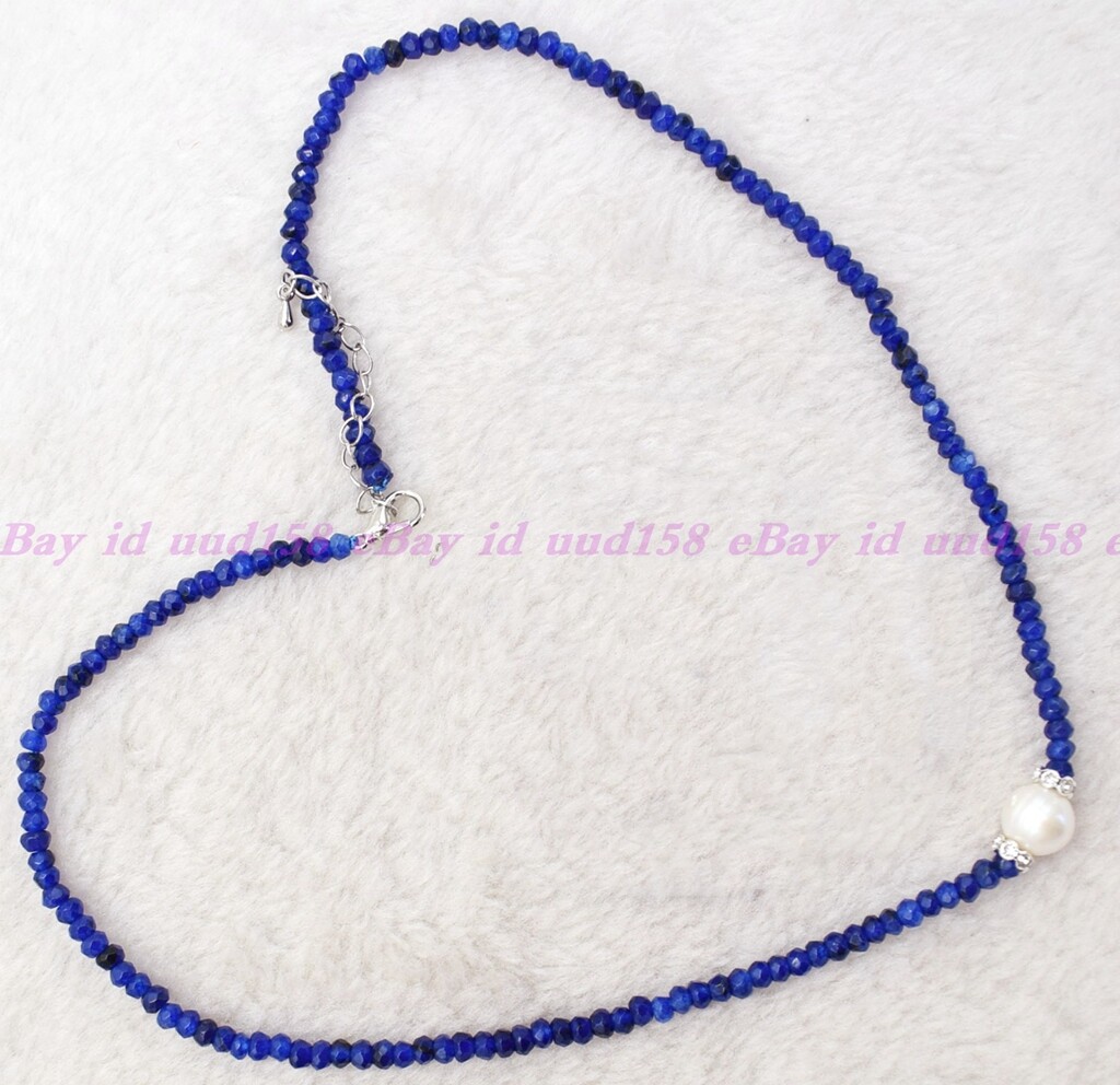 Natural Faceted 2x4mm Blue Jade Roundelle Gems White Pearl Necklace 16-28” AAA