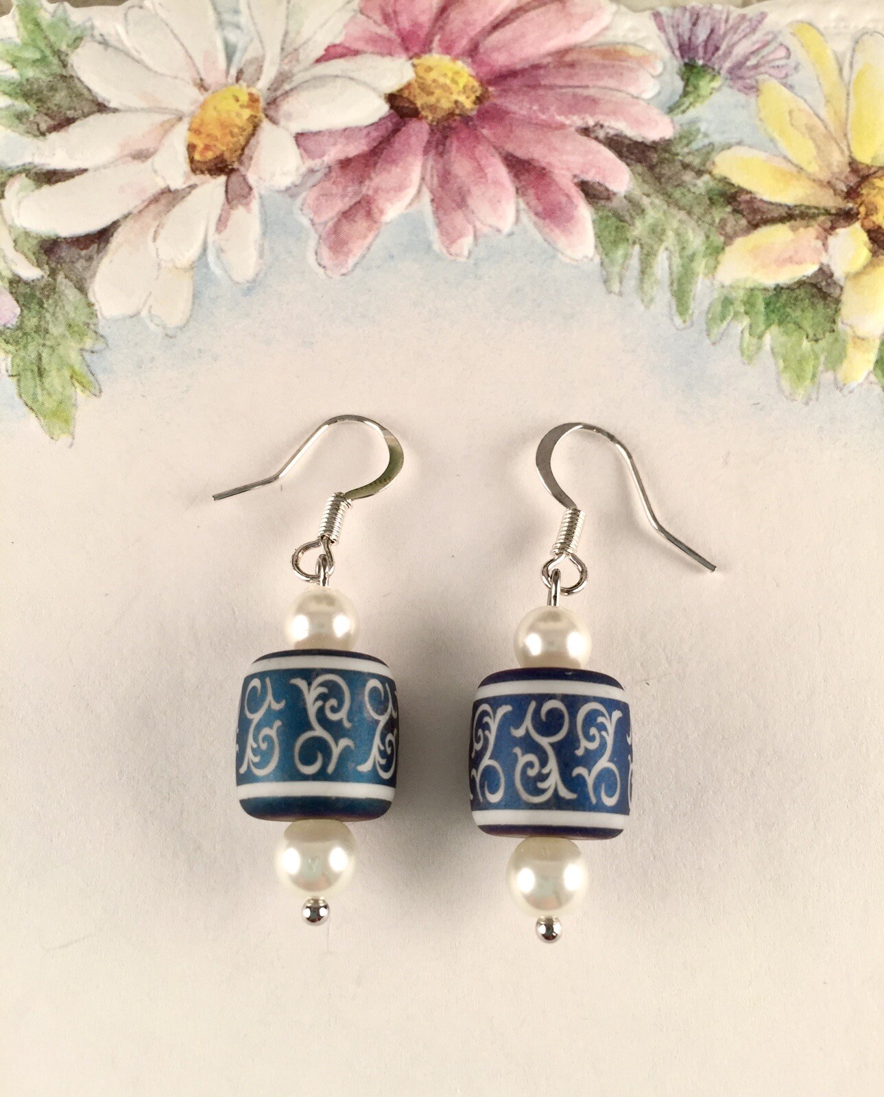 Blue & White Pearl Silver Drop Earrings Women Handmade Artisan Fashion Jewelry