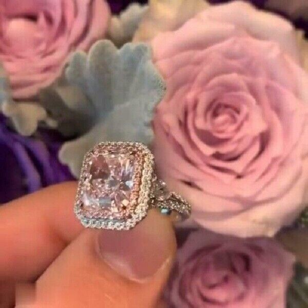 4Ct Lab-Created Pink Sapphire Attractive Halo Engagement Ring 14K White Gold Fn