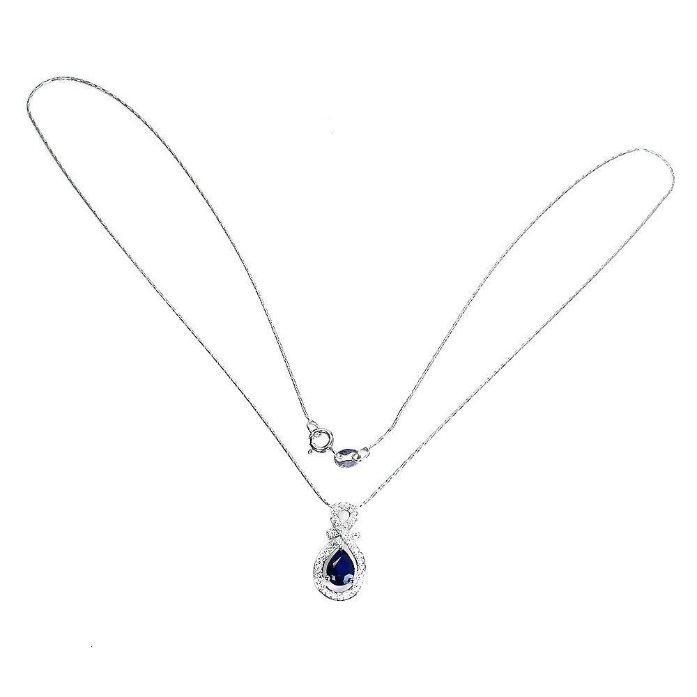 925 Sterling Silver Necklace Pear Sapphire Diffused 7x5mm Gemstone Jewelry 18in