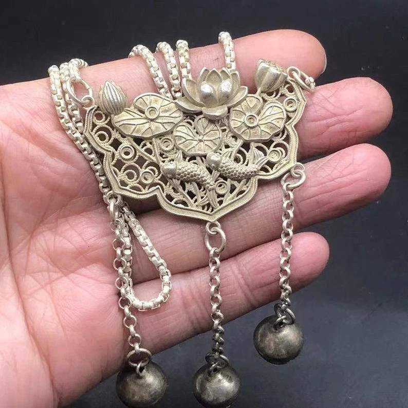 Vintage Lotus Fish Lock Necklace Bell Tassel Ethnic Alloy Long Chain Pendant