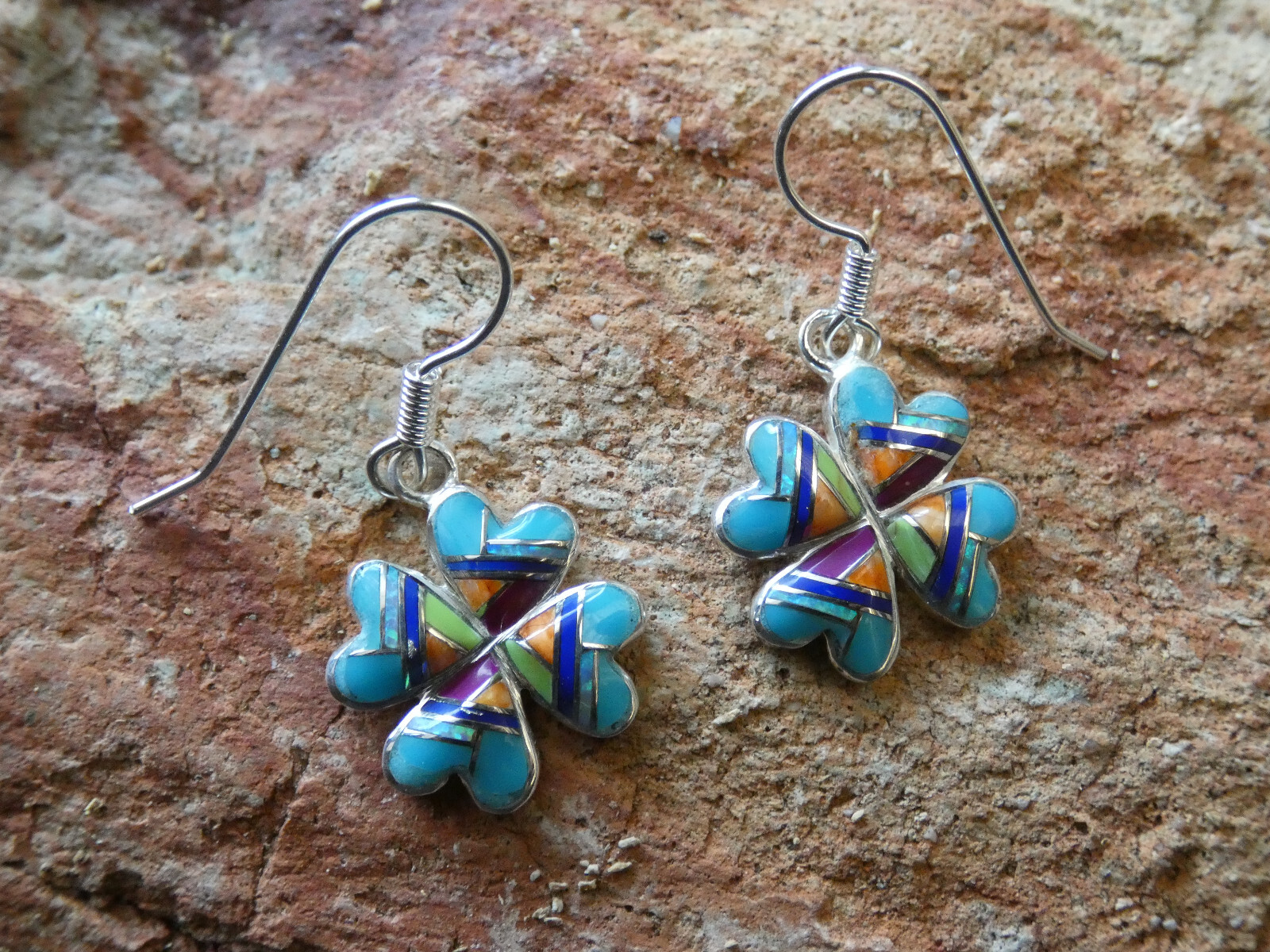 Love Luck Clover Southwestern Sterling Silver Multi Gemstone Opal Earrings AA92