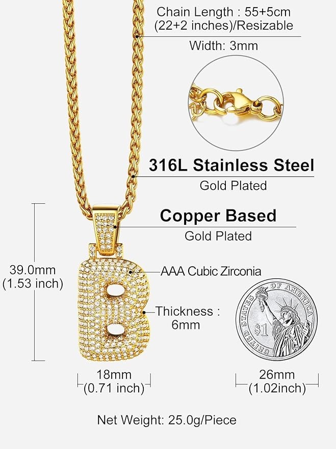 Richsteel Jewellery 18KGP Iced CZ Bubble Letter B Resizeable 22″ -24″ Neck Chain