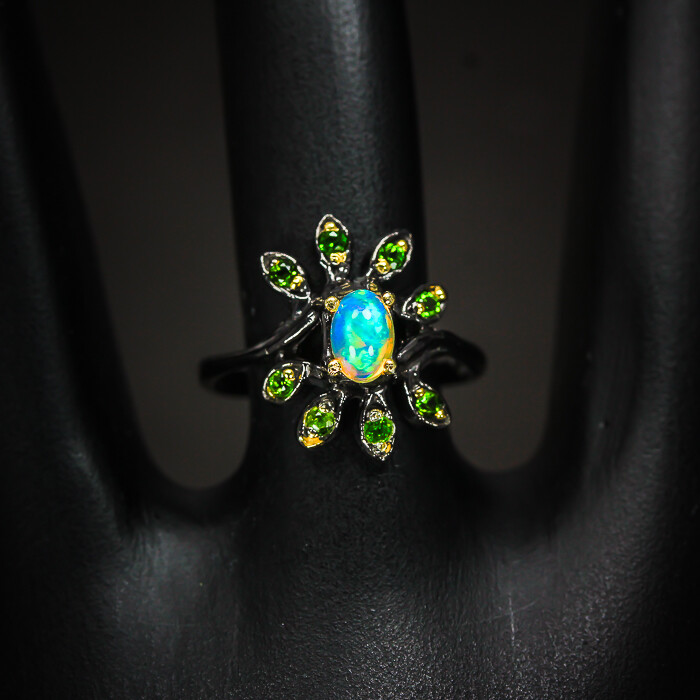 Heated Natural Opal chrome diopside Silver ring 925 Sterling / RVS303