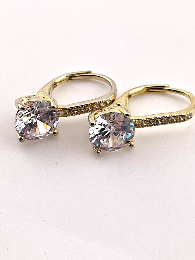 GOLD OVER 925 STERLING SILVER 7.5MM ROUND CZ DROP EARRINGS CLASSIC 3372