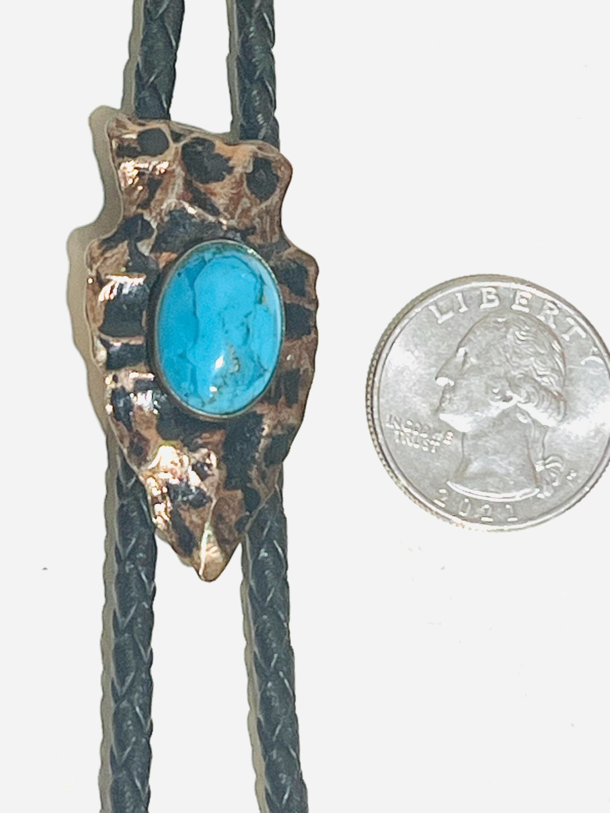 Southwestern Native American Hammered Copper Turquiose Bolo Tie With Dangles