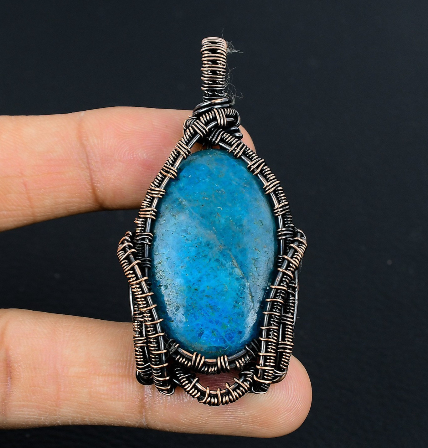 Neon Blue Apatite Handmade Gemstone Copper Wire Wrapped Pendant Jewelry