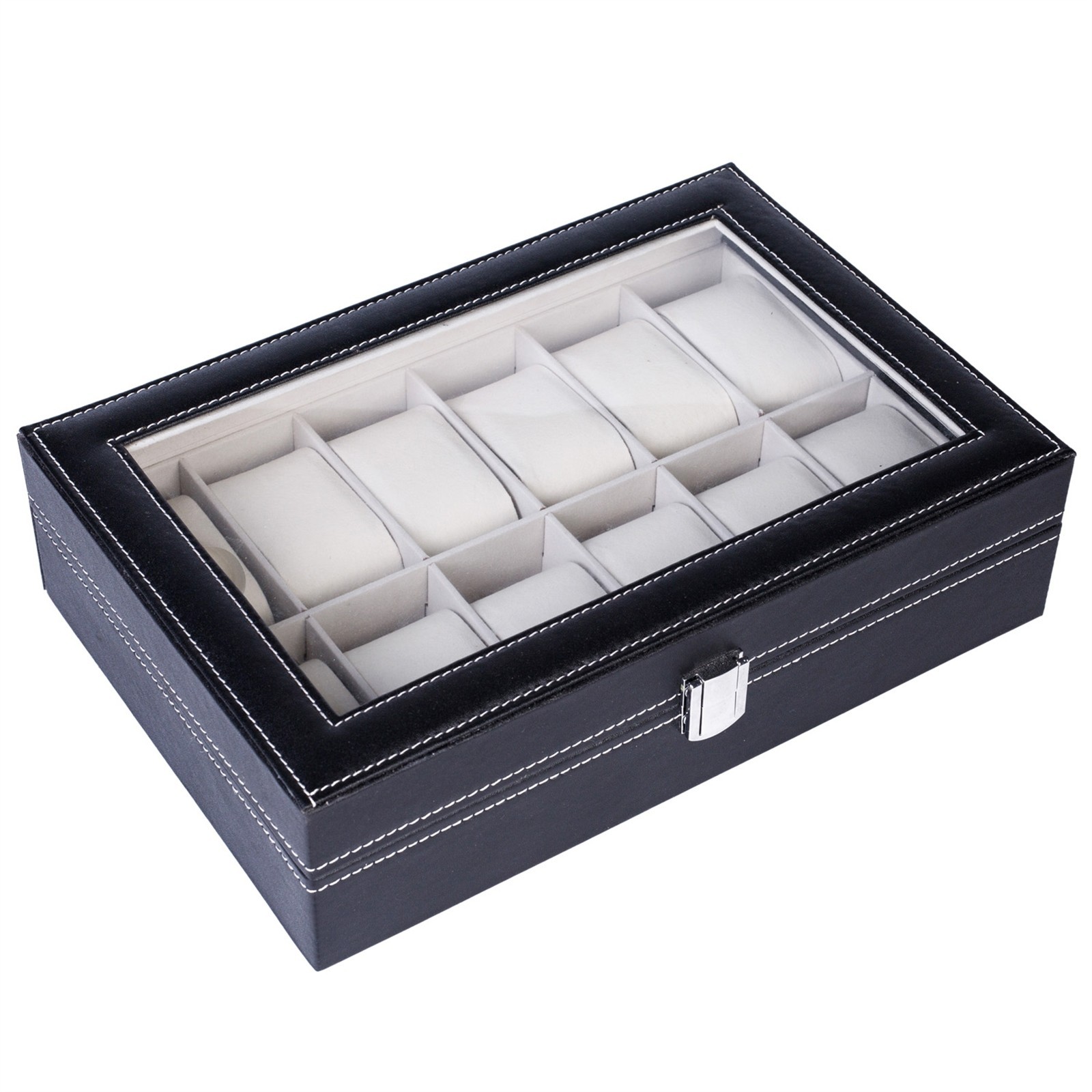 12 Slot Leather Watch Box Organizer Case Display Storage Holder Collector Black